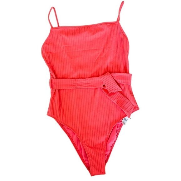 NWT Topshop Ribbed Belted Coral One Piece Swimsuit - Picture 2 of 6